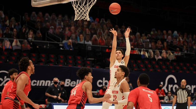 Dayton's Koby Brea scores against Duquesne on Wednesday, Jan. 13, 2021, at UD Arena. David Jablonski/Staff