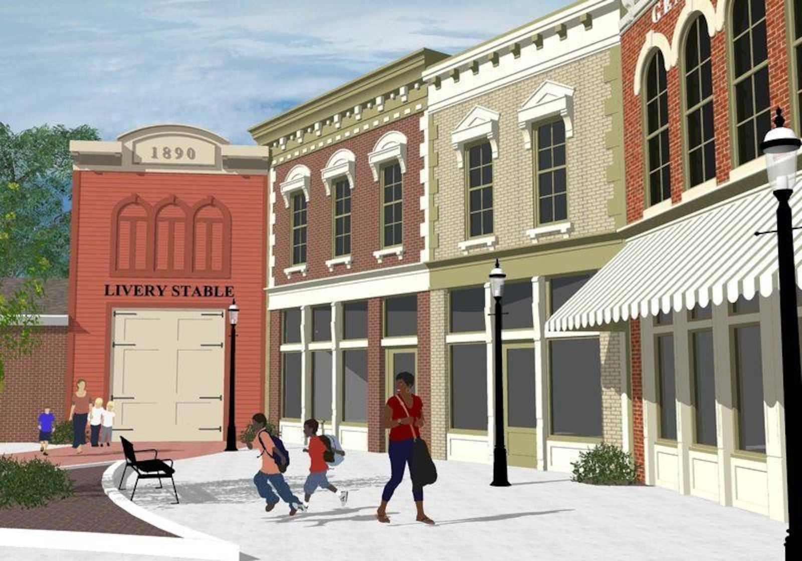 Artist rendering of the exterior view of the new complex, which is meant to represent a partial Dayton streetscape with the portion, right of the livery, adapted to resemble 27 East 2nd St., the location a young James M. Cox first occupied after purchasing the Dayton Daily News. CONTRIBUTED