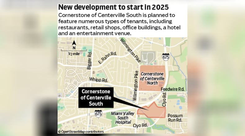 Cornerstone of Centerville South is planned to be a mixed-use development just east of Wilmington Pike and south of Interstate 675. It is expected to include restaurants, hotels, office buildings, retail buildings and an entertainment venue.