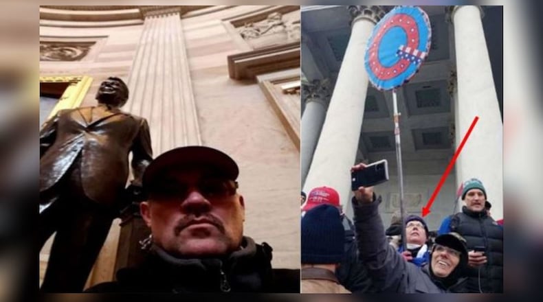 Jan. 6 U.S. Capitol riot: Walter Messer, left, is shown inside the U.S. Capitol and Therese Borgerding is shown on the Capitol steps holding a "Q" sign in images filed in U.S. District Court for the District of Columbia.