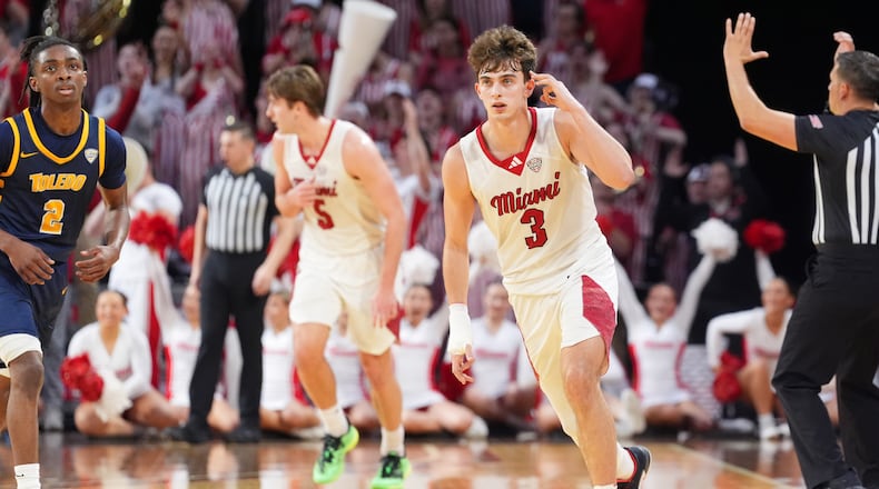 Miami (OH) guard Luke Skaljac reacts after a made 3-poont basket during the first half of an NCAA college basketball game against Toledo, Tuesday, March 3, 2026, in Oxford, Ohio. (AP Photo/Kareem Elgazzar)
