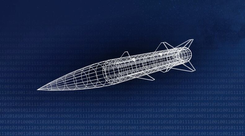 Air Force Materiel Command is leading a digital campaign to leverage modern digital capabilities to decrease the time it takes to move a weapon system from a concept into the hands of a warfighter, while providing the ability to adapt capabilities at speed to meet the requirements of today’s dynamic warfighting domain. This illustration represents a digital twin—a virtual representation of an instance of a physical object that shares data with its physical twin throughout the system life cycle. (U.S. Air Force illustration/Chris Quinlan and John James)