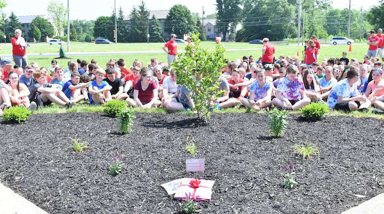 Students and staff at Tippecanoe Middle School dedicated memorial gardens to two teachers who died during the 2017-18 school year. The dedication was May 31, the last day of school. CONTRIBUTED