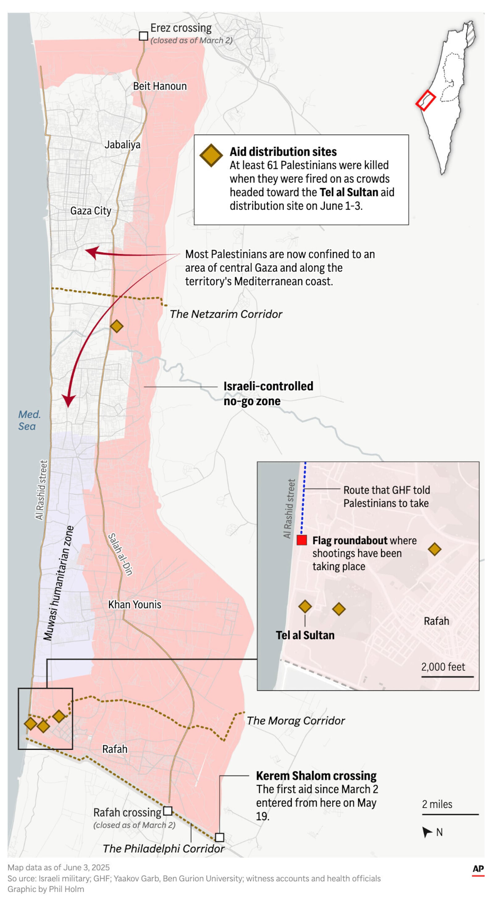 The map above locates the GHF aid sites in Gaza and the no-go Israeli occupied areas. It highlights the recent shootings that took place near the aid sites. (AP Graphic)