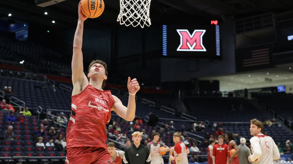 Miami junior forward Jackson Kotecki shoots during a practice at University of Dayton Arena on Tuesday, March 17. The Redhawks are scheduled to play Southern Methodist University in an NCAA First Four game on Wednesday. BRYANT BILLING / STAFF