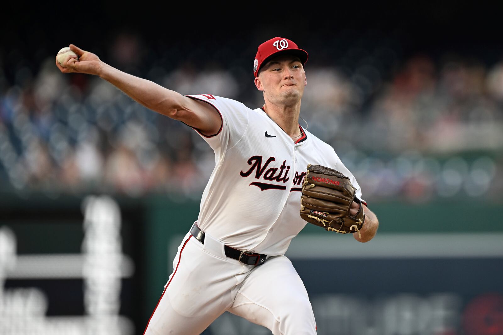 Washington Nationals pitcher Brad Lord throws during the second inning of a baseball game against the Cincinnati Reds in Washington, Tuesday, July 22, 2025. (AP Photo/Terrance Williams)