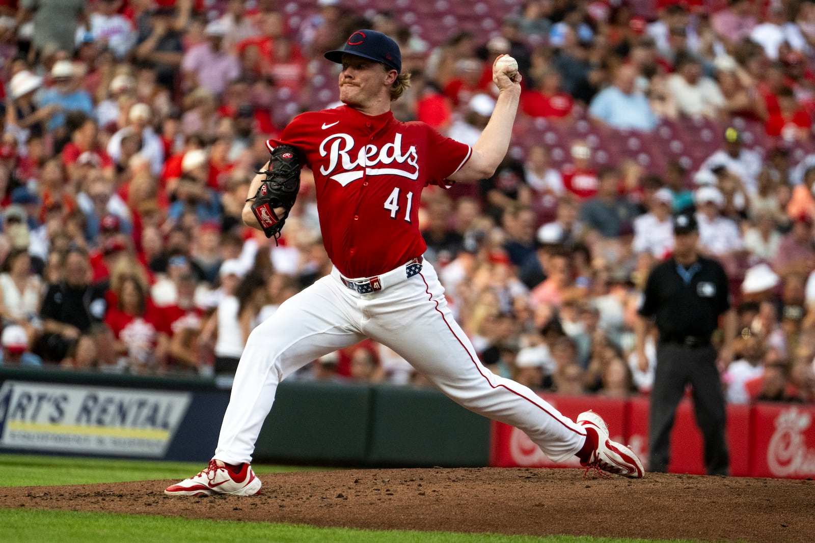 Cincinnati Reds pitcher Andrew Abbott throws during the first inning of a baseball game against the Tampa Bay Rays, Saturday, July 26, 2025, in Cincinnati. (AP Photo/Michael Swensen)