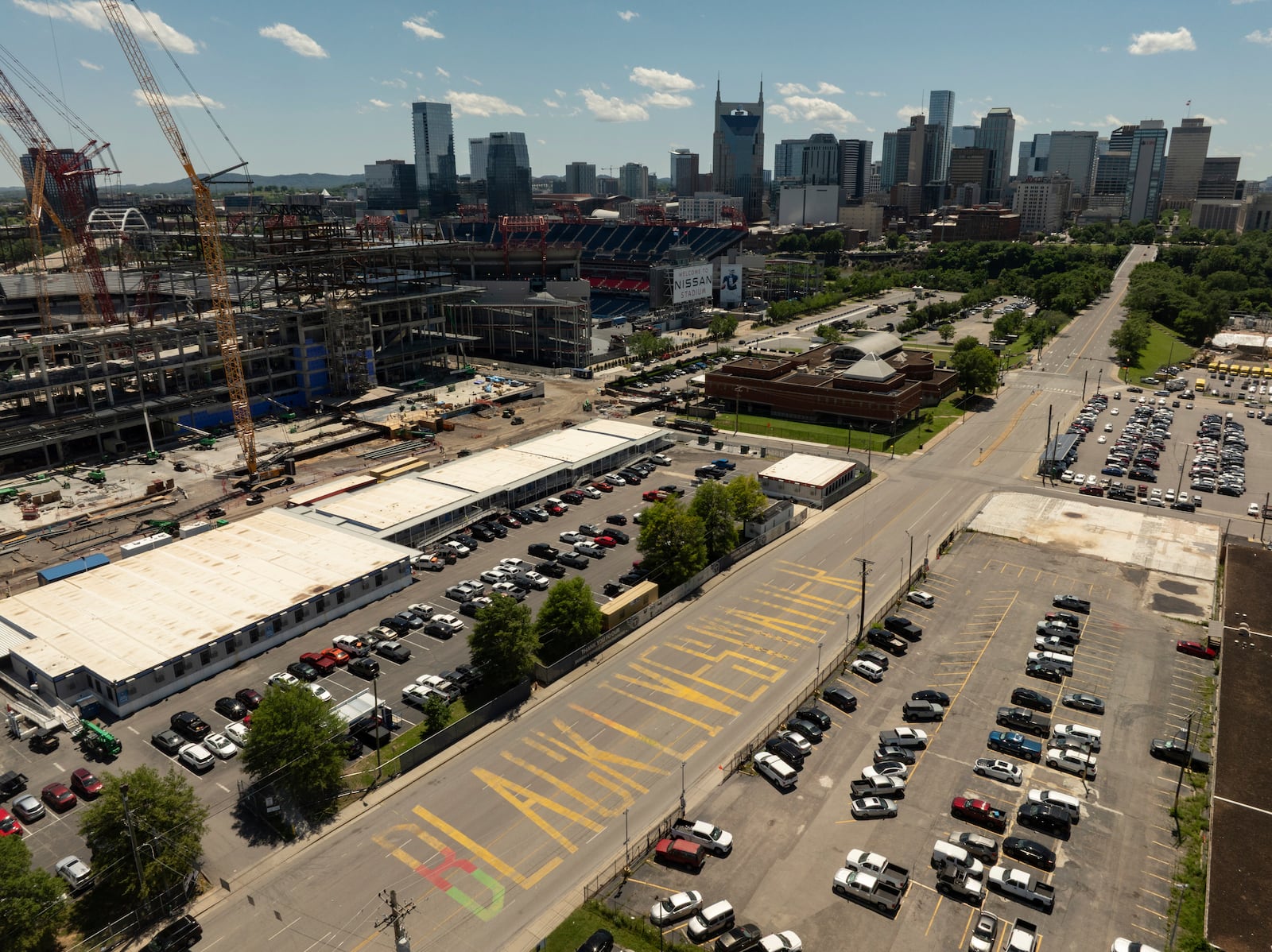 A Black Lives Matter mural painted by Thaxton Waters II is seen in an aerial view on Thursday, May 22, 2025, in Nashville, Tenn. (AP Photo/Kevin Wurm)