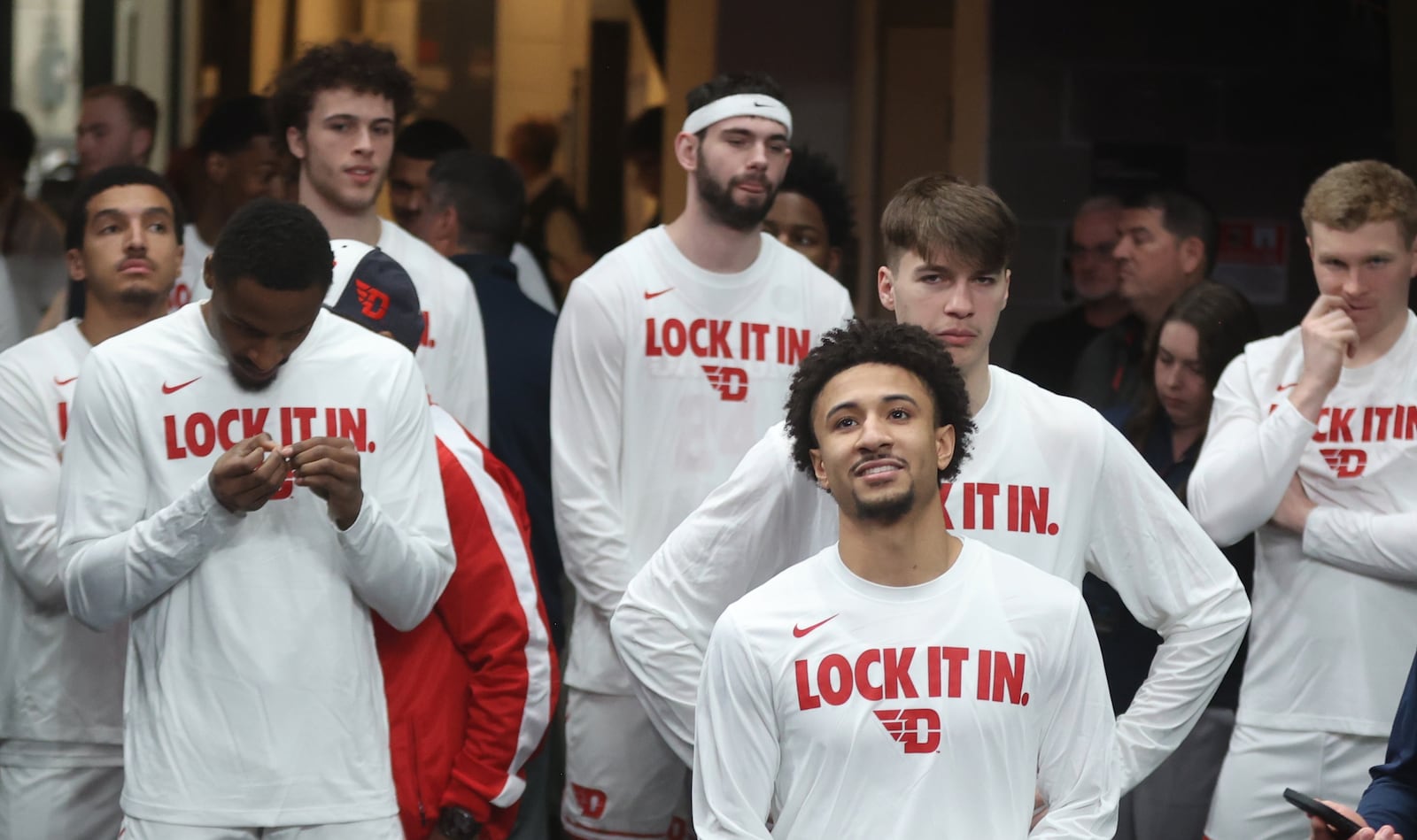 Dayton players, including Javon Bennett, wait to take the court before a game against St. Bonaventure in the quarterfinals of the Atlantic 10 Conference tournament on Friday, March 13, 2026, at PPG Paints Arena in Pittsburgh. David Jablonski/Staff