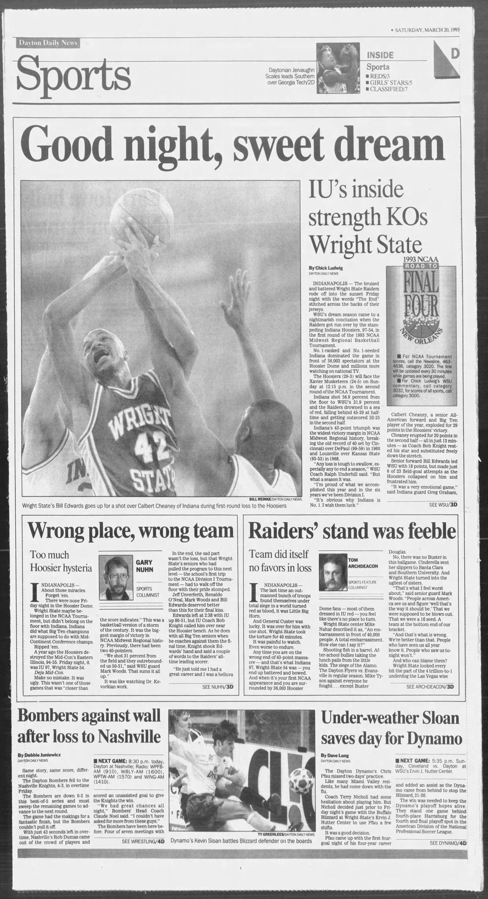 Coverage of Wright State's loss to Indiana in the NCAA tournament in the March 20, 1993, edition of the Dayton Daily News.