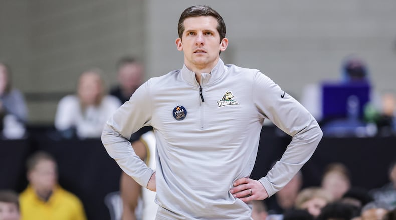 Wright State coach Clint Sargent watches a play during a Horizon League game against Detroit Mercy on Thursday, Feb. 12 at Ervin J. Nutter Center in Fairborn. BRYANT BILLING / STAFF