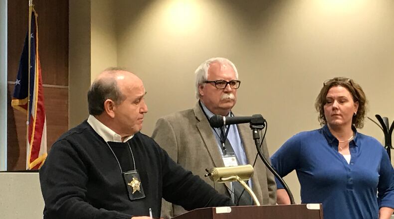 Greene County Sheriff Gene Fischer delivers an update on the double homicides in Miami Twp., outside of Yellow Springs. TREMAYNE HOGUE / STAFF