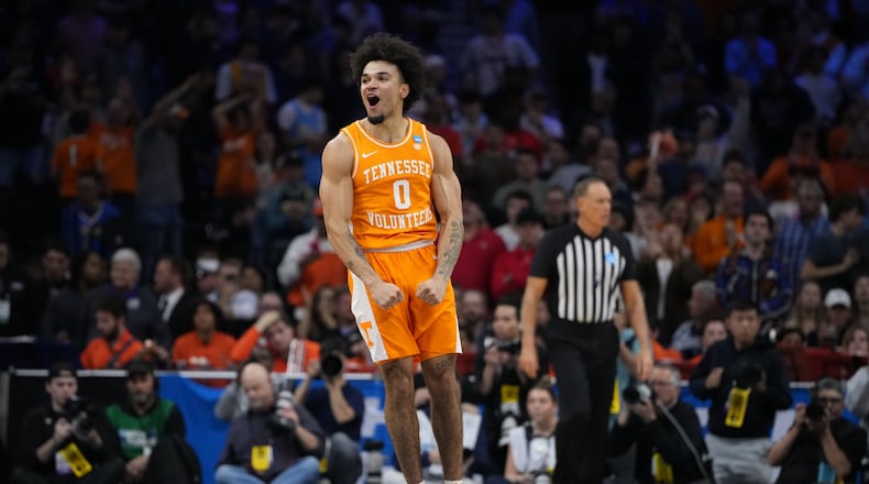 Tennessee's Ja'kobi Gillespie celebrates after Tennessee beat Virginia in the second round of the NCAA college basketball tournament, Sunday, March 22, 2026, in Philadelphia. (AP Photo/Matt Slocum)
