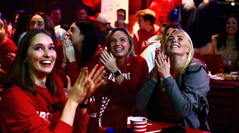 The Dayton volleyball team reacts to seeing its name on the NCAA tournament selection show during a watch party at Milano's on Brown Street on Sunday, Nov. 26, 2023, in Dayton. David Jablonski/Staff