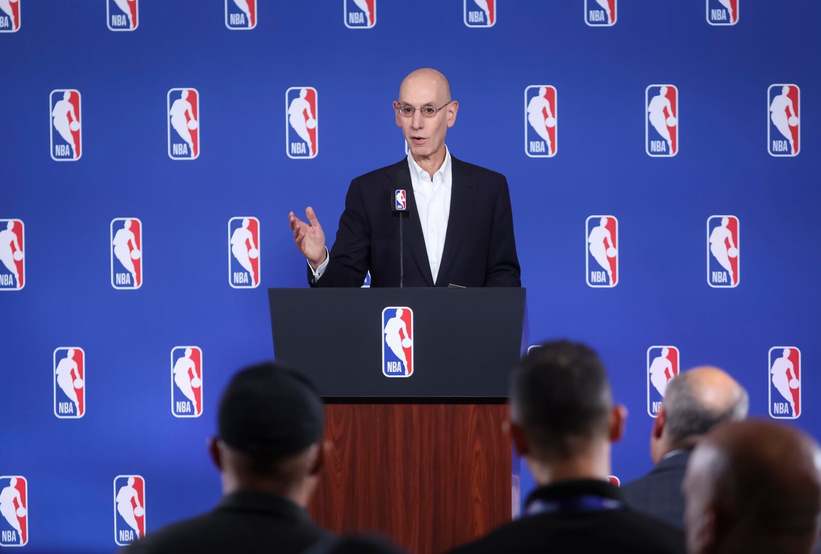 NBA Commissioner Adam Silver speaks during a news conference following a meeting of the NBA's board of governors, Tuesday, July 15, 2025, in Las Vegas. (Chase Stevens/Las Vegas Review-Journal via AP)
