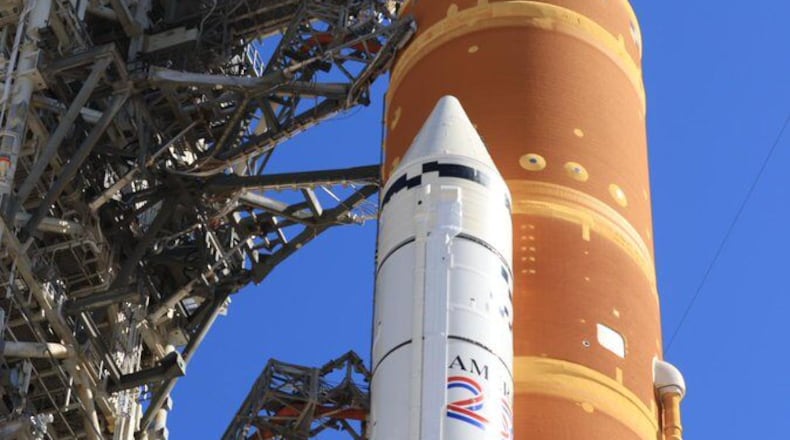 This image provided by NASA shows NASA's moon rocket sits on the pad at Kennedy Space Center in Florida on Thursday, Feb. 19, 2026. (NASA via AP)