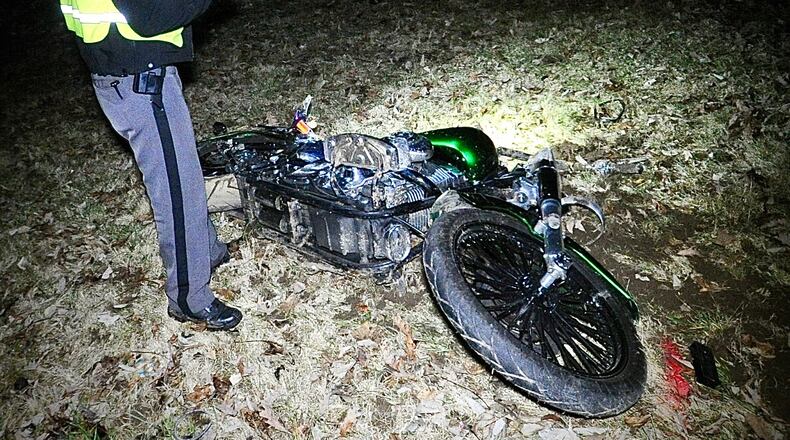 A man crashed his motorcycle on Scarff Road in Clark County on Saturday, Jan. 28, 2023, and was killed, according to troopers from the Springfield Post of the Ohio State Highway Patrol. MARSHALL GORBY/STAFF