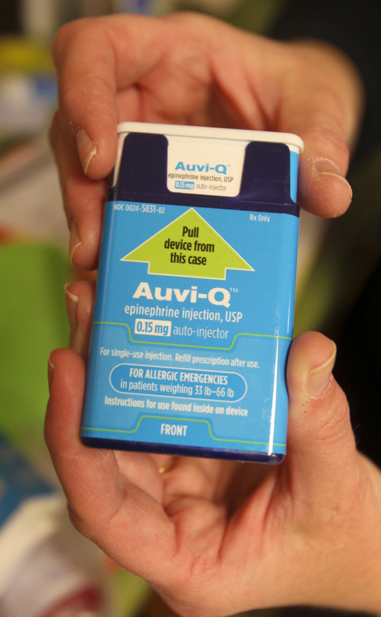 A shot of Auvi-Q. A Centerville mother says she was able to get the treatment for her daughter at virtually no cost through a mail-order pharmacy. GREG LYNCH / STAFF