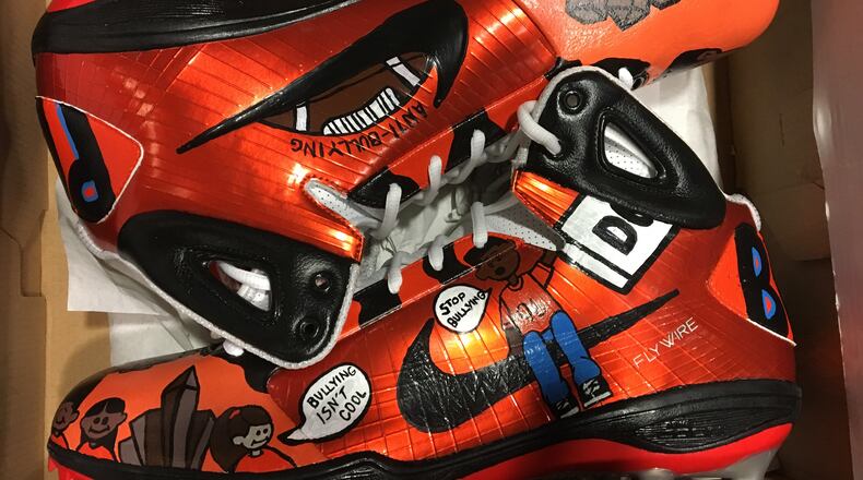 Carlos Dunlap’s cleats for Monday’s game vs. Pittsburgh. Laurel Pfahler /CONTRIBUTED