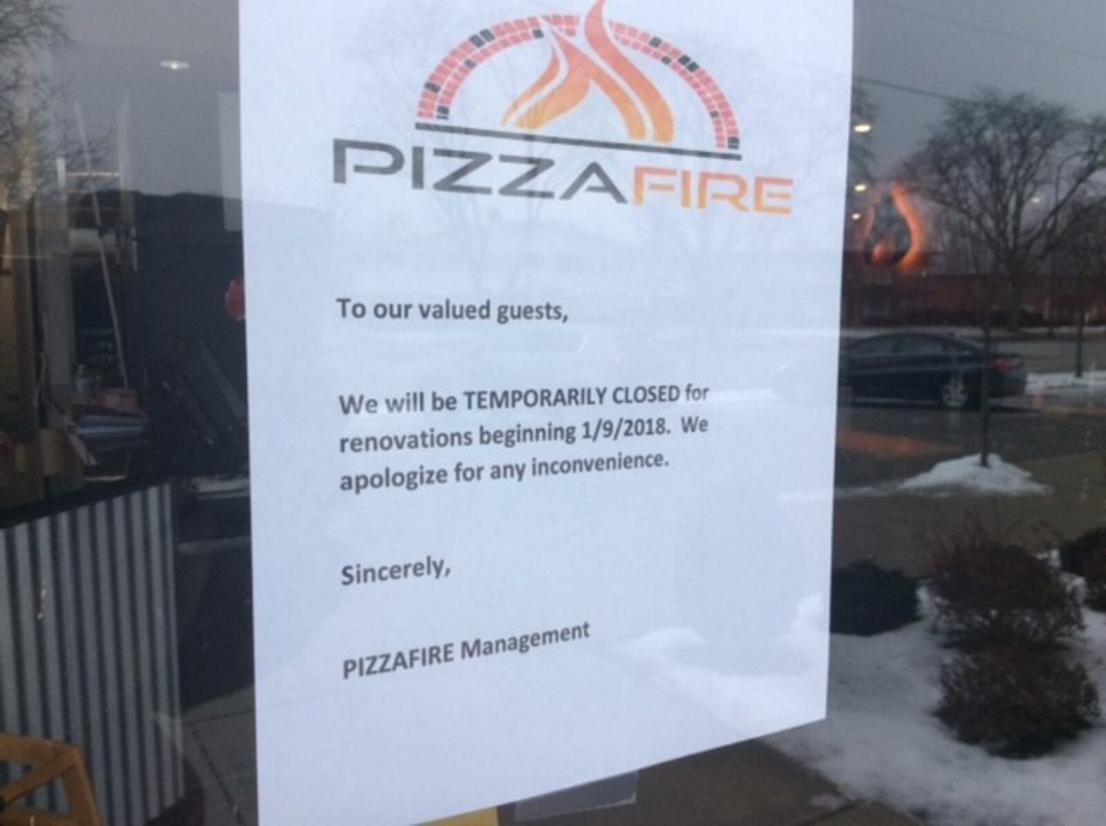 The PizzaFire restaurant in Kettering posted a sign on its door this morning, Jan. 9, that it was shut down temporarily for renovations. MARK FISHER/STAFF