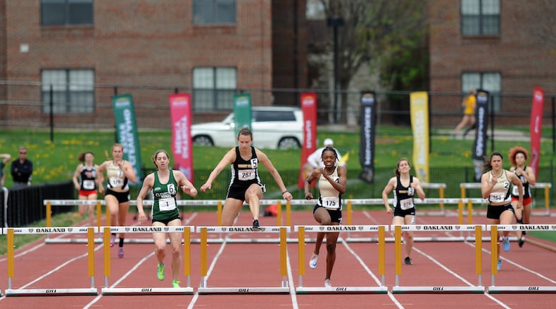 Wright State’s Brooklyn Mikesell leads the field in the 400 hurdles at the Horizon League Championships. CONTRIBUTED