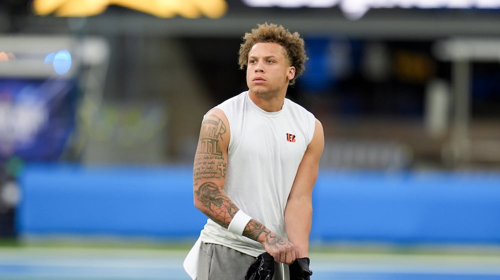 Cincinnati Bengals wide receiver Jermaine Burton warms up before an NFL football game against the Los Angeles Chargers, Sunday, Nov. 17, 2024, in Inglewood, Calif. (AP Photo/Gregory Bull)