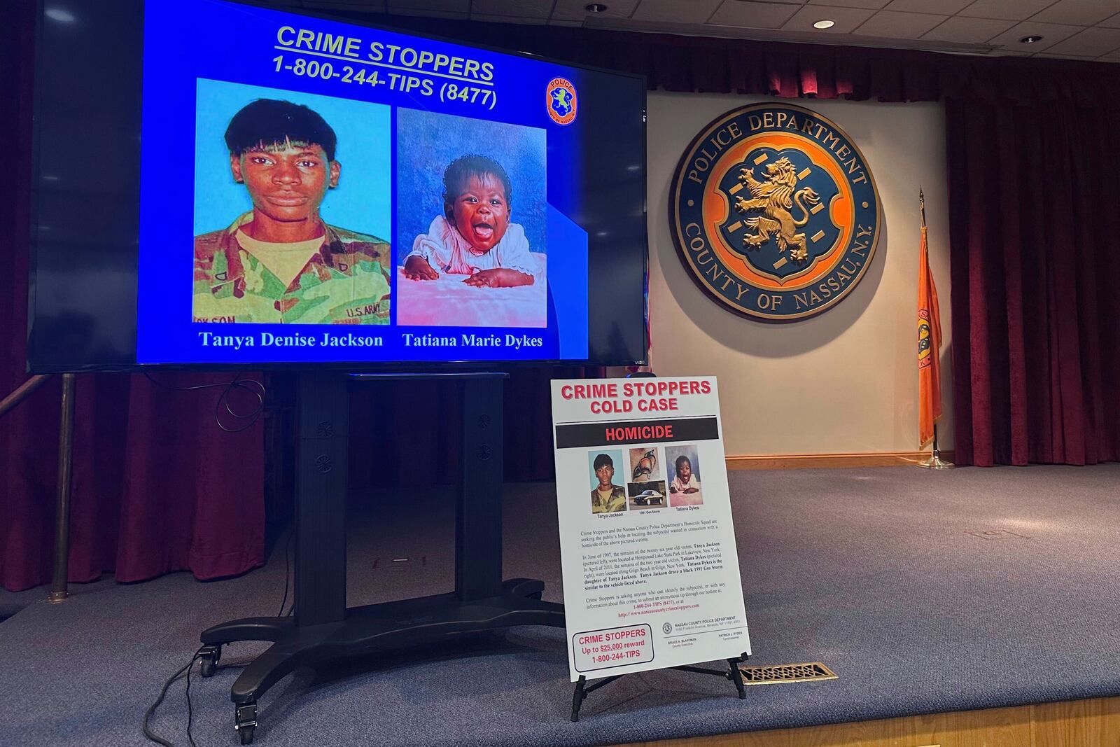Nassau County police and prosecutors display photos of Tanya Jackson and Tatiana Dykes, whose remains were found near Long Island's Gilgo Beach, during a news conference, Wednesday, April 23, 2025, in Mineola, N.Y. (AP Photo/Philip Marcelo)
