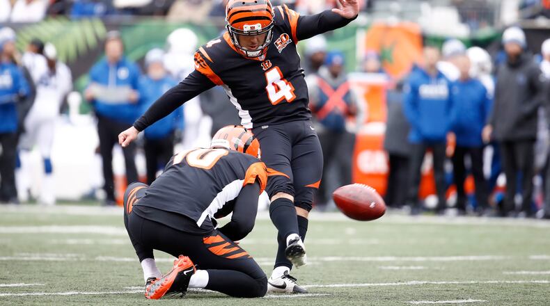 CINCINNATI, OH - OCTOBER 29: Randy Bullock #4 of the Cincinnati Bengals kicks a field goal against the Indianapolis Colts at Paul Brown Stadium on October 29, 2017 in Cincinnati, Ohio. (Photo by Andy Lyons/Getty Images)