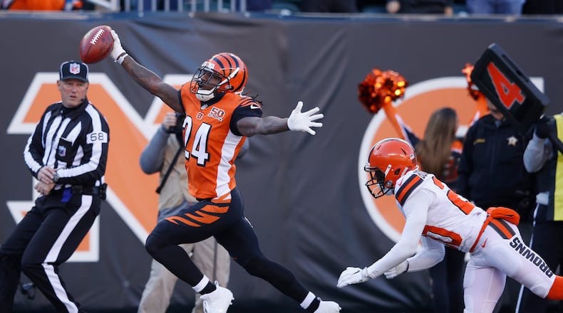 CINCINNATI, OH - NOVEMBER 26: Adam Jones #24 of the Cincinnati Bengals reacts after returning a punt for a touchdown against the Cleveland Browns in the first half of a game at Paul Brown Stadium on November 26, 2017 in Cincinnati, Ohio. The returns was nullified by a penalty but the Bengals won 30-16. (Photo by Joe Robbins/Getty Images)