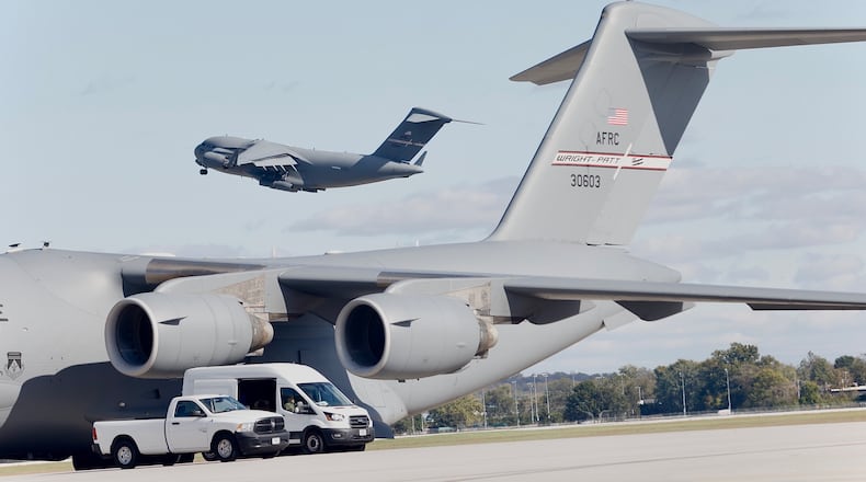 A C-17 Globemaster III takes off Wednesday, October 16, 2024 Wright Patterson Air Force Base. The U.S. Environmental Protection Agency has informed Wright-Patterson Air Force Base that its migration of PFAS contaminated groundwater is deemed “not under control." MARSHALL GORBY \STAFF
