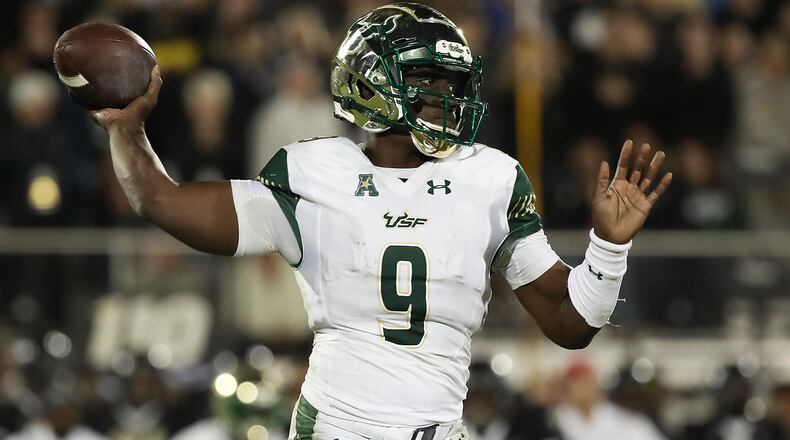 ORLANDO, FL - NOVEMBER 24: Quinton Flowers #9 of the South Florida Bulls throws the ball during the second half against the UCF Knights at Spectrum Stadium on November 24, 2017 in Orlando, Florida. UCF Knights defeated South Florida Bulls 49-42. (Photo by Logan Bowles/Getty Images)
