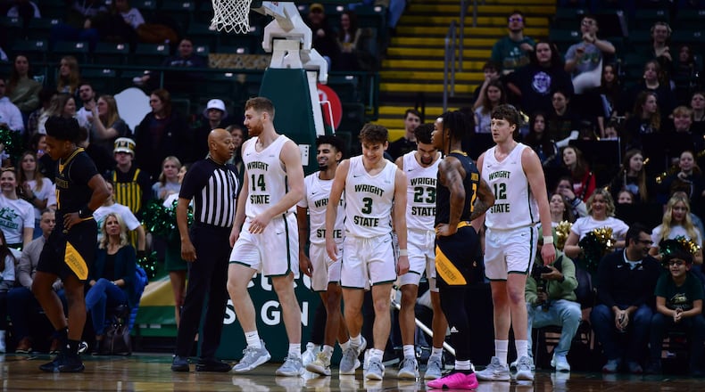 Wright State players (from left) Brandon Noel, Trey Calvin, Alex Huibregtse, Tanner Holden and AJ Braun during a game vs. Milwaukee at the Nutter Center on Jan. 20, 2024. Joe Craven/Wright State Athletics