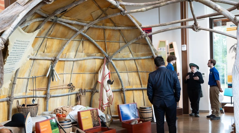 A display at Great Council State Park in Xenia shows the region’s history, told from a Shawnee perspective. (Courtesy: Ruthie Herman, WYSO)