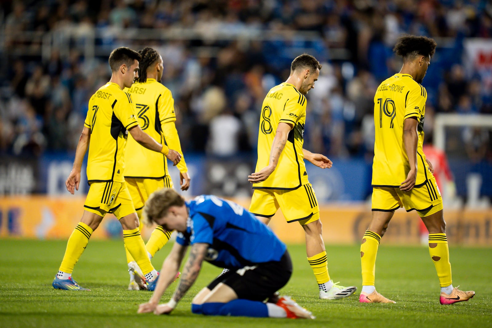 CF Montréal Dawid Bugaj (27) reacts after Columbus Crew Jacen Russell-Rowe (19) scored during second half MLS soccer action, in Montreal on Wednesday, May 14, 2025. (Christopher Katsarov/The Canadian Press via AP)