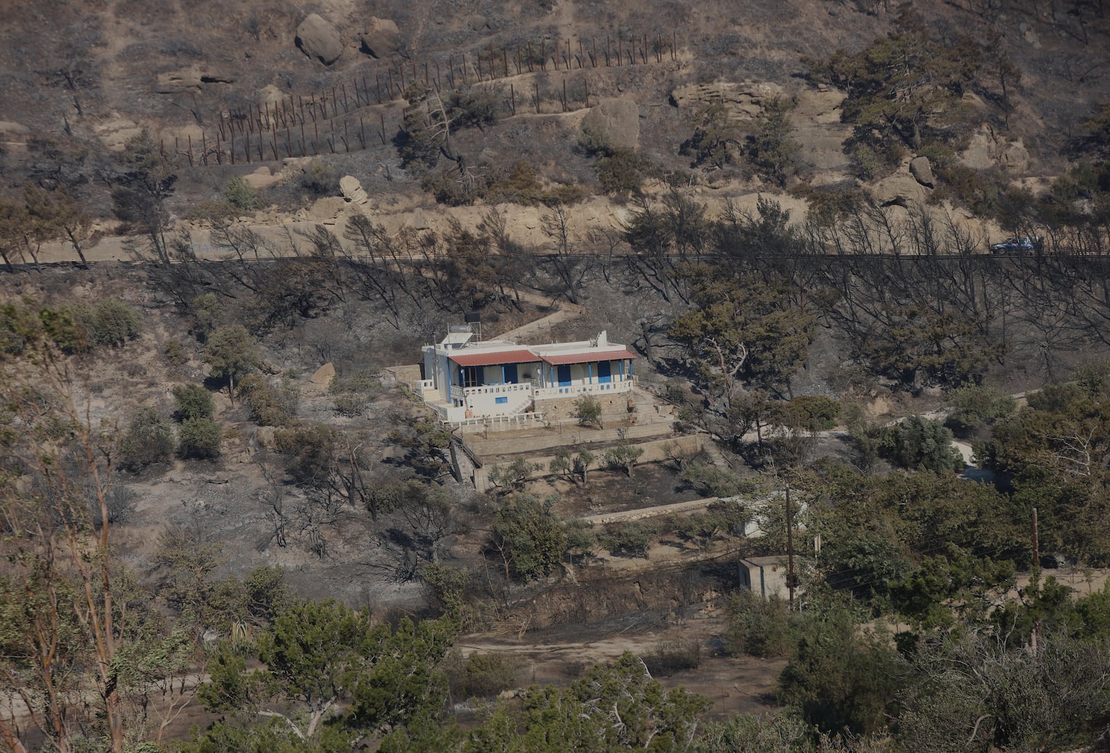 A house lies among scorched trees near the town of Ierapetra on the south coast of Crete island, Greece, Thursday, July 3, 2025, after a fast-moving wildfire prompted the evacuation of villages and coastal areas, officials said. (InTime News via AP)