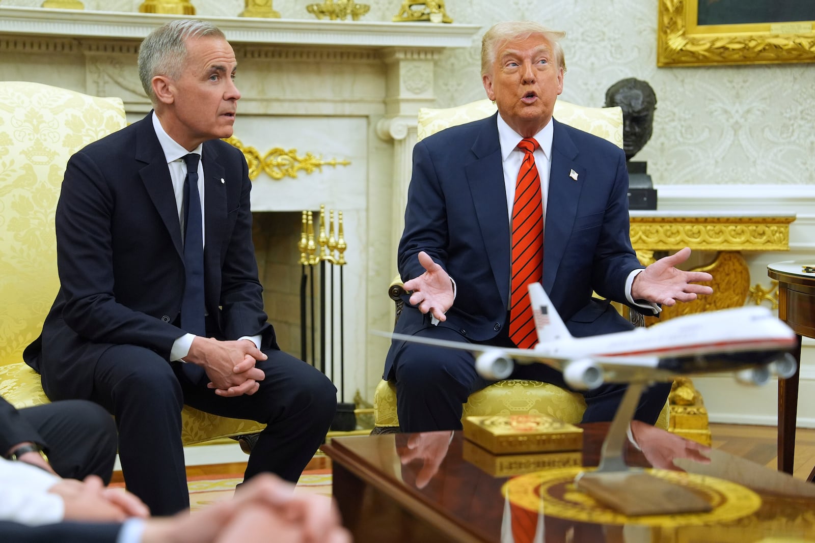 President Donald Trump meets Canadian Prime Minister Mark Carney in the Oval Office of the White House, Tuesday, May 6, 2025, in Washington. (AP Photo/Evan Vucci)