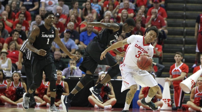 Dayton's Kendall Pollard shoots against Xavier's Edmond Sumner on Sunday, Nov. 29, 2015, in the championship game of the AdvoCare Invitational at the HP Field House in Orlando, Fla. David Jablonski/Staff