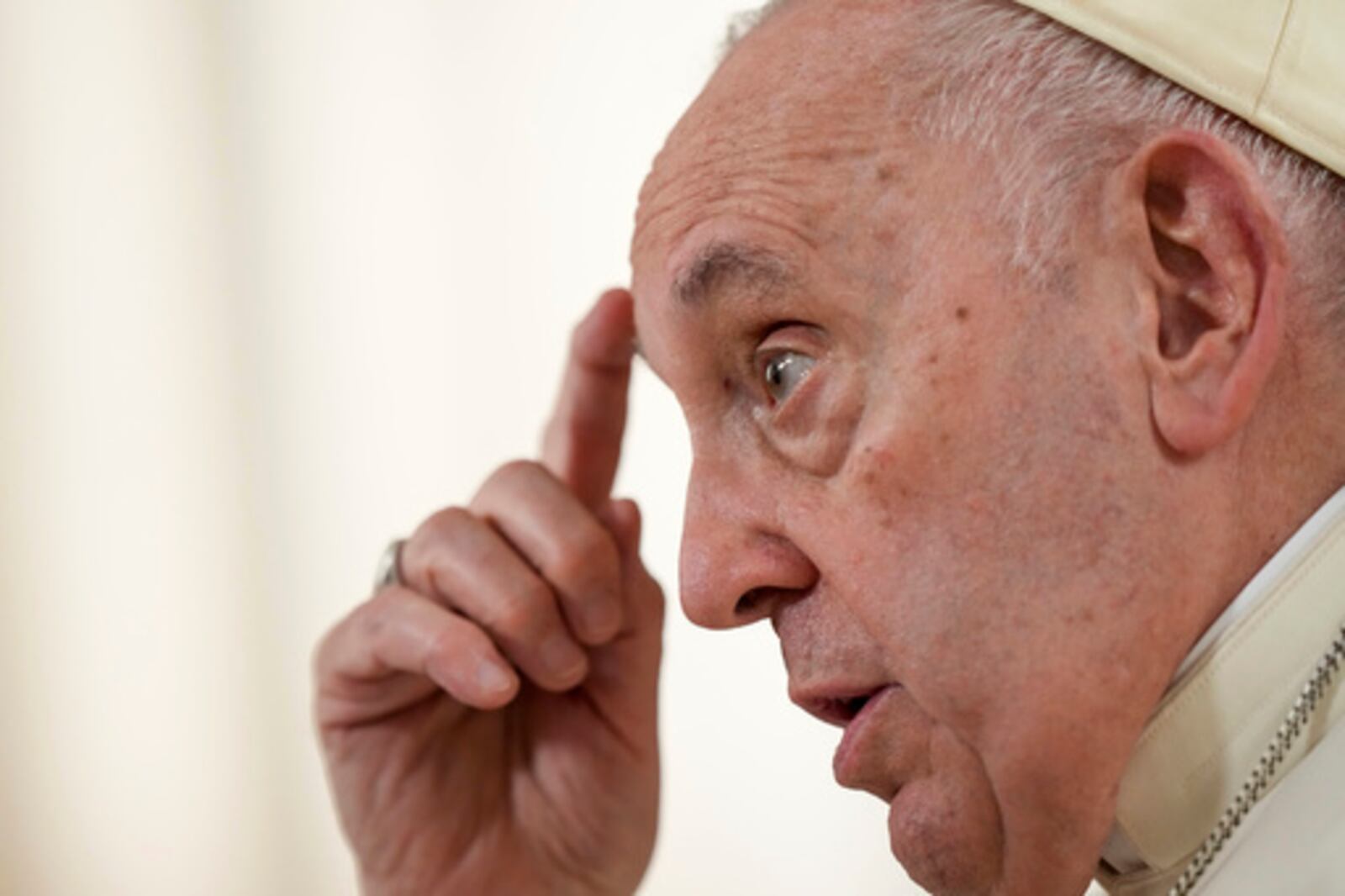 FILE - Pope Francis speaks during an interview with The Associated Press at The Vatican, Tuesday, Jan. 24, 2023. Pope Francis said there's a risk that what could be a trailblazing reform process in the German church could become "ideological." (AP Photo/Andrew Medichini, File)