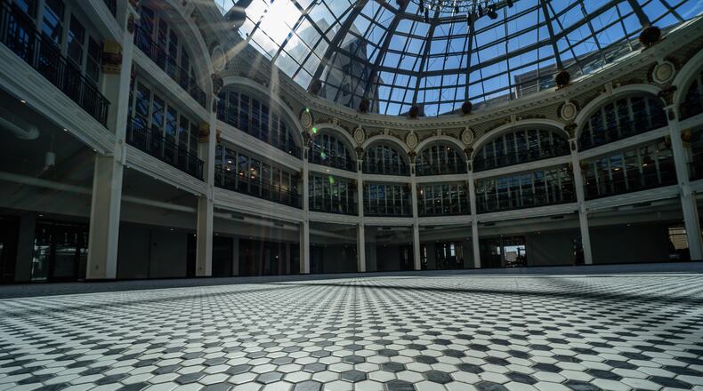 Step inside the Dayton Arcade’s stunning recently completed Hub & Rotunda in downtown Dayton. The Hub Powered by PNC, a joint venture of the University of Dayton and The Entrepreneurs’ Center houses the UD Crotty Center for Entrepreneurial Leadership, The Small Business Development Center from the Entrepreneurs’ Center, co-working and private office spaces, meeting rooms, conference areas, pop-up retail opportunities, learning labs and classrooms including UD studios for creatives. The Hub is open to members. Tours are available by appointment only. Visit thehubdayton.com for more information. The iconic Rotunda will serve as a future space for public and private events. Stay tuned to the Dayton Arcade’s social media pages and arcadedayton.com for information on the public opening. TOM GILLIAM / CONTRIBUTING PHOTOGRAPHER