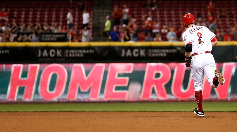 CINCINNATI, OH - SEPTEMBER 15: Zack Cozart #2 of the Cincinnati Reds rounds second base after hitting his second home run of the game against the Pittsburgh Pirates during the fifth inning at Great American Ball Park on September 15, 2017 in Cincinnati, Ohio. Cincinnati defeated Pittsburgh 4-2. (Photo by Kirk Irwin/Getty Images)