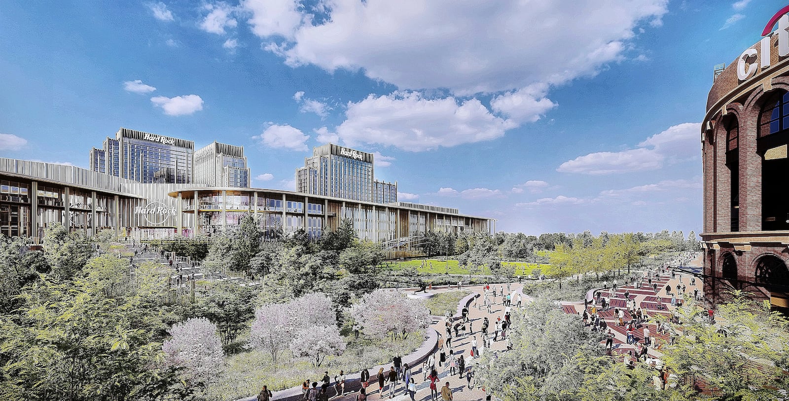 This image rendering provided by Hard Rock International, shows the Hard Rock's casino proposal in the Queens borough of New York, adjacent to Citified. (Hard Rock International via AP)