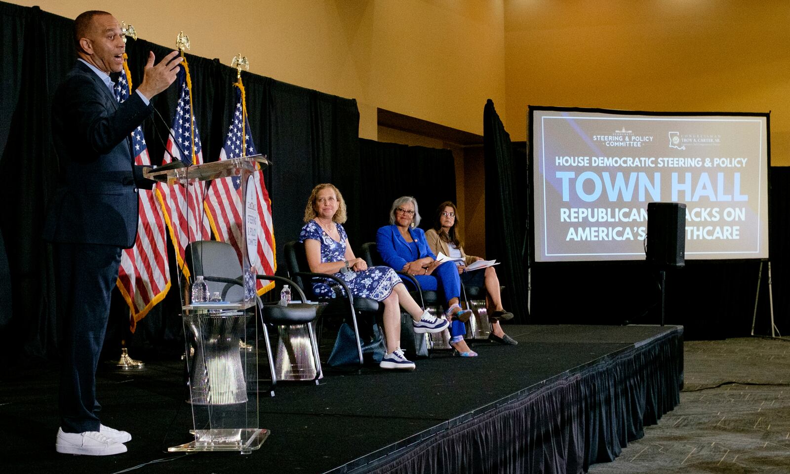 House Minority Leader Hakeem Jeffries leads a health care town hall with U.S. Rep Troy Carter, D-La., at Xavier University in New Orleans, Thursday, July 10, 2025. (John McCusker/The Times-Picayune/The New Orleans Advocate via AP)