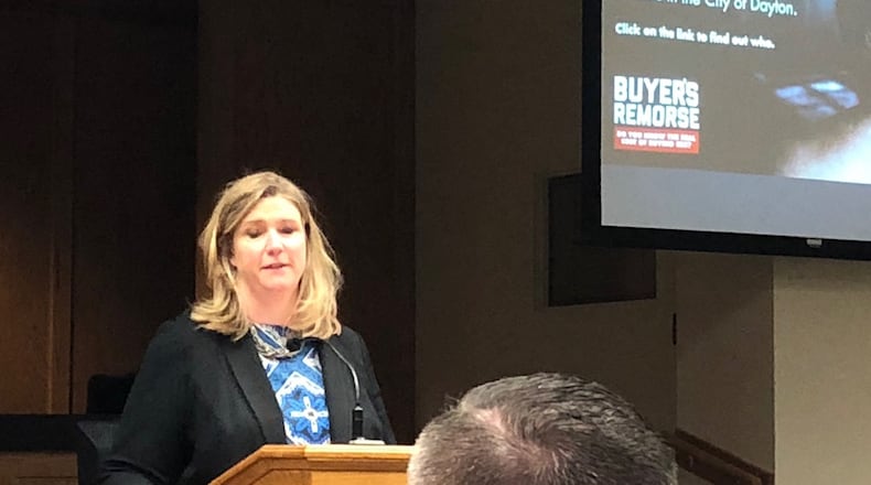 Dayton Mayor Nan Whaley talks about a new city initiative aimed at curbing prostitution on Friday, Jan. 11, 2019 at City Hall. The city will list the names and addresses of men convicted of prostitution-related offenses, then buy geo-targeted social media ads to inform the men’s neighbors. STAFF