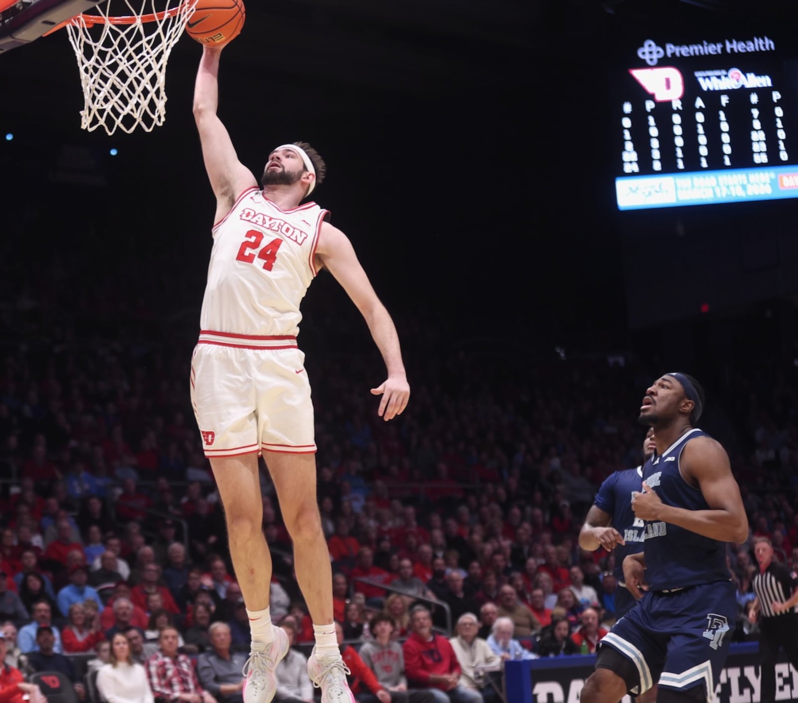 Dayton's Jacob Conner dunks in the first half against Rhode Island on Tuesday, Jan. 27, 2026, at UD Arena. David Jablonski/Staff
