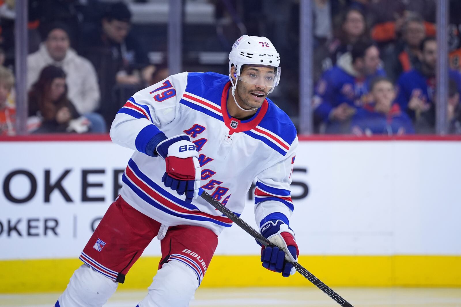 FILE - New York Rangers' K'Andre Miller plays in an NHL hockey game, Nov. 29, 2024, in Philadelphia. (AP Photo/Matt Slocum, File)