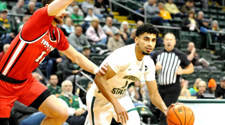 Wright State's Trey Calvin, 1, drives toward the basket during the first half of a Horizon Conference game against Youngstown State at the Nutter Center on Sunday, Dec. 4. DAVID A. MOODIE/CONTRIBUTING PHOTOGRAPHER