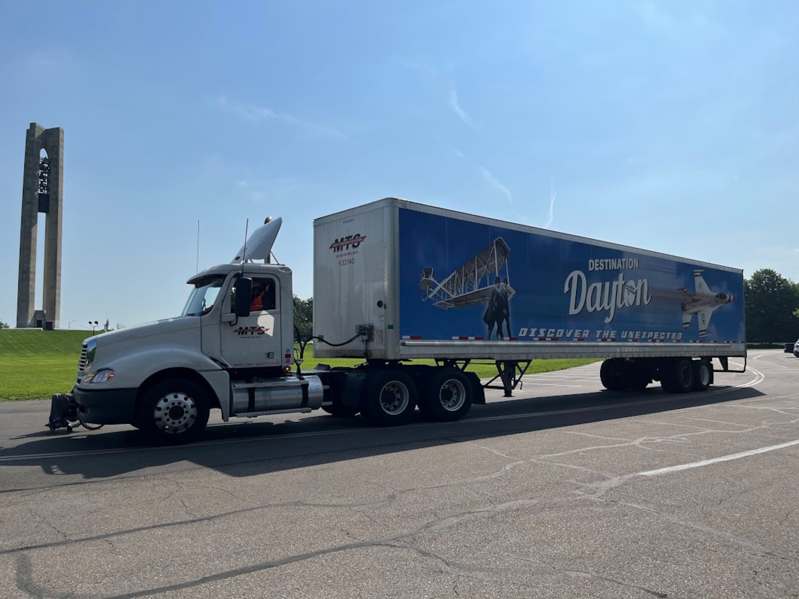 An MTS truck parked at Carillon Park Wednesday June 25, 2025, sporting a new "Destination Dayton" marketing wrap, to be seen on highways everywhere. THOMAS GNAU/STAFF