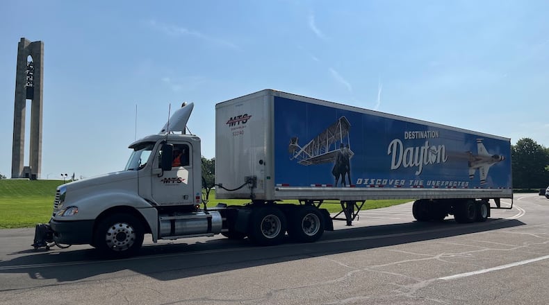 An MTS truck parked at Carillon Park Wednesday June 25, 2025, sporting a new "Destination Dayton" marketing wrap, to be seen on highways everywhere. THOMAS GNAU/STAFF