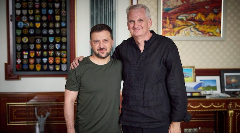 In this photo provided by the Ukrainian Presidential Press Office on Sept. 10, 2024, U.S. historian and author Timothy Snyder, right, meets President of Ukraine Volodymyr Zelenskyy, in Kyiv, Ukraine. Snyder is among the recipients of the 2025 Ohio Book Awards, which will be presented Oct. 15 in Columbus. (Ukrainian Presidential Press Office via AP)