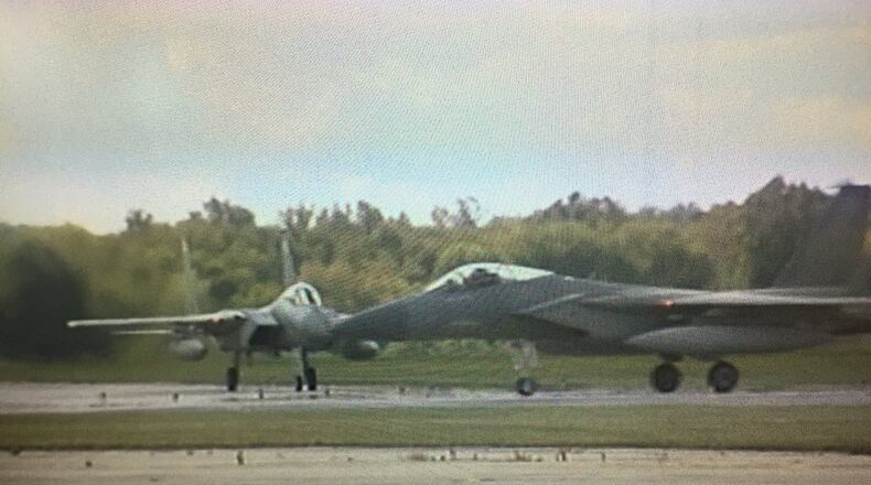Two Florida Air National Guard F-15 fighter jets arrived at Wright-Patterson Air Force Base on Thursday, ahead of the expected landfall of Hurricane Irma in Florida BOB GARLOCK/STAFF